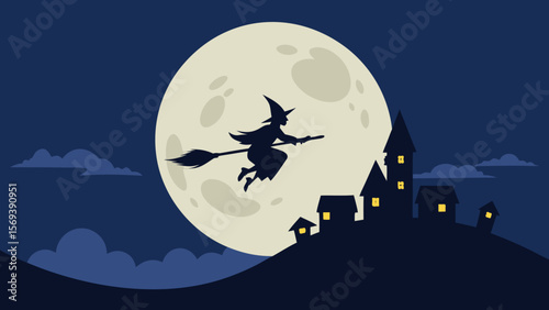 Witch on a broomstick silhouetted against a massive full moon and dark sky