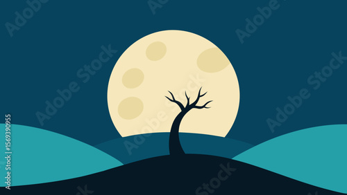 Minimalist landscape with silhouetted hills and a spooky glowing full moon