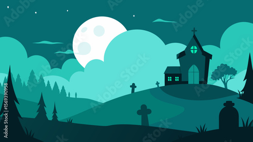 Wide angle shot of a spooky landscape with a graveyard and haunted house