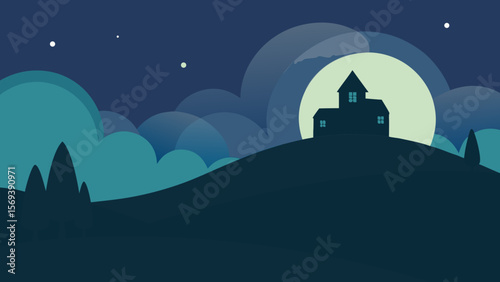 Landscape with rolling hills silhouetted trees and a spooky full moon
