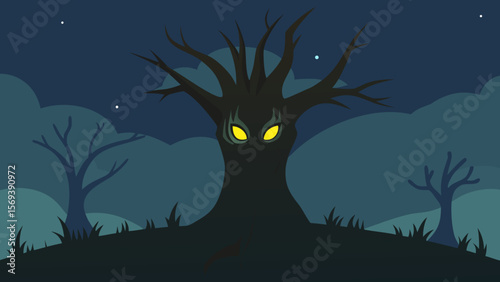 Spooky tree with a face carved into its trunk and glowing eyes at night
