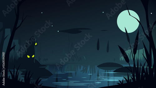Spooky swamp at night with a bright moon reflecting on the murky waters