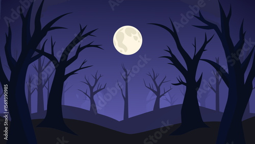 Clearing in a dark wood with a full moon overhead casting eerie long shadows