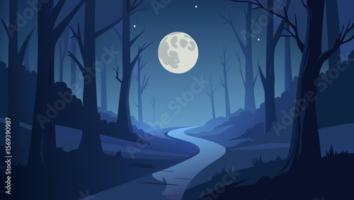 Winding path through a foggy forest at night with mysterious glowing lights