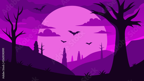 Silhouette of a spooky forest against a vibrant orange and purple sunset sky