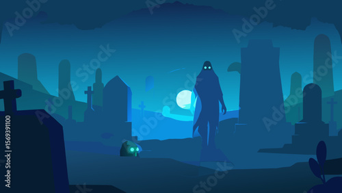 Glowing spectral figures walking among the tombstones in a spooky graveyard night