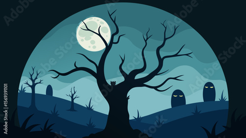 Gnarled leafless trees framing a view of a moonlit haunted house at night