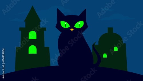 Mysterious black cat with glowing green eyes sitting on a spooky tilted tombstone