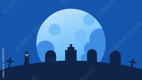 Silhouetted tombstones against a giant hazy blue moon in a spooky graveyard