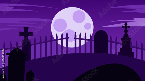 Spooky cemetery at night with tilted tombstones and eerie glowing eyes watching
