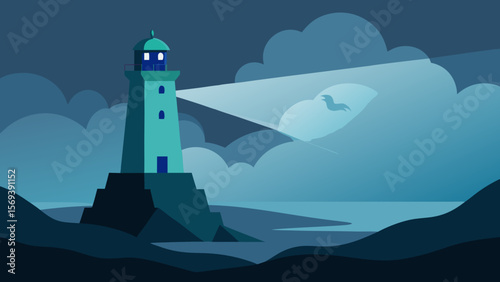 Haunted lighthouse on a rocky coast with its beam cutting through the dark fog