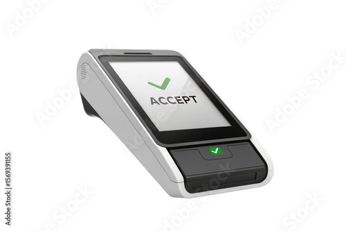 Modern payment terminal with accept screen and green checkmark isolated on transparent background