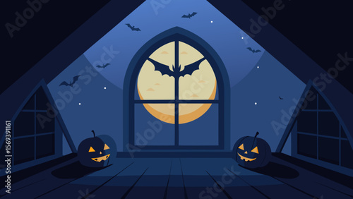 Interior of a spooky attic with a large arched window revealing a full moon
