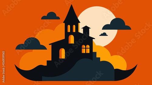 Paper cut out style scene with a layered haunted house and spooky silhouettes