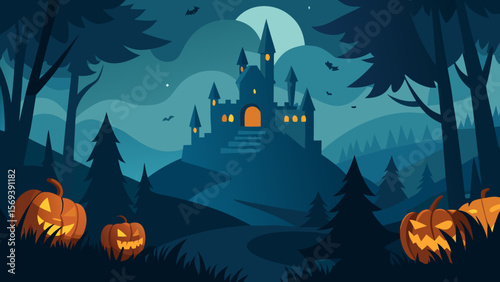 Haunted castle in the distant background seen from a dark spooky forest road