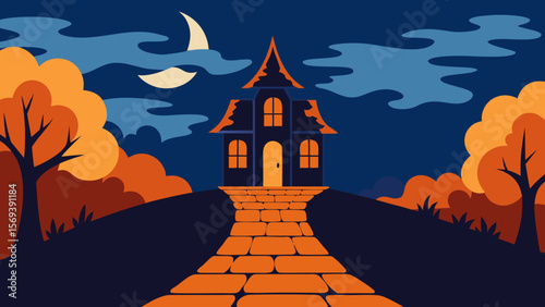 Haunted house at the end of a cobblestone path under a mysterious moonlit sky
