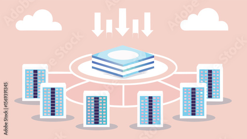 Illustration of a data center with cloud storage and server buildings connected by network lines