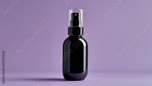 Sleek black bottle with fine mist nozzle, isolated on pastel lavender background.