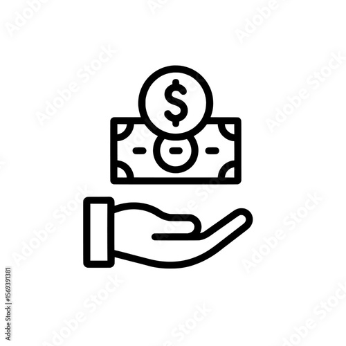 Hand holding money with a coin on top in a simple line art style on transparent background , no background