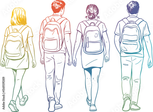Illustration of students with backpacks walking to school back view colorful line art vector graphic design