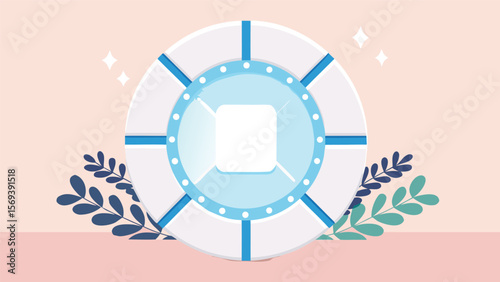 Illustration of a circular portal with a square center surrounded by plants and sparkling stars above it