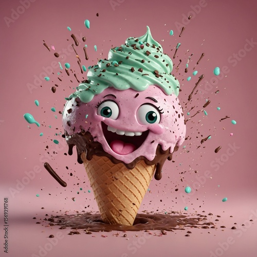 3d animation of funny ice cream with smiling face jumping out of hole in the floor on pink background. Concept art colorful tasty funny happy cartoon kiwi, mint and chocolate ice cream with sprinkling