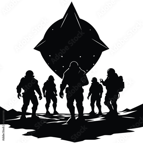 Silhouette of Astronauts Examining a Mysterious UFO Arrival Awaiting Discovery and Exploration in Black and White Style