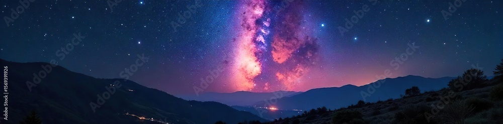 Naklejka premium Meteor Shower Illuminates Night Sky Breathtaking Celestial Display over Dramatic Landscape