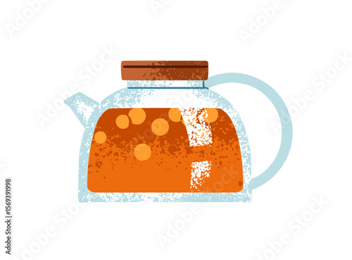 Infuser with sea buckthorn tea. Glass pot for brewing herbs. Teapot with water for herbal drinks. Kettle for preparing natural hot beverages. Flat isolated vector illustration on white background