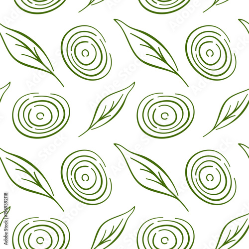 Seamless pattern with line art style onion ring and herb leaf on white background. Perfect for kitchen, textile, food packaging,, wallpaper and healthy cooking design.