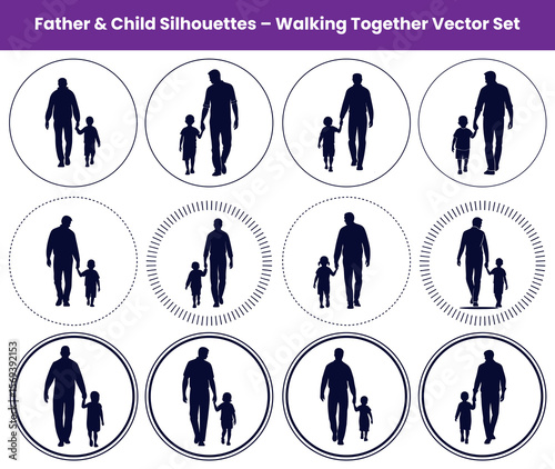Father and Child Walking Silhouettes Set in Circle Designs Graphics