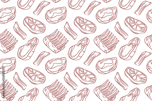 Seamless pattern of line art style steak, bacon, ribs and meat cut on white background. Perfect for butcher packaging, kitchen decor, food menu, grill restaurant or barbecue design.