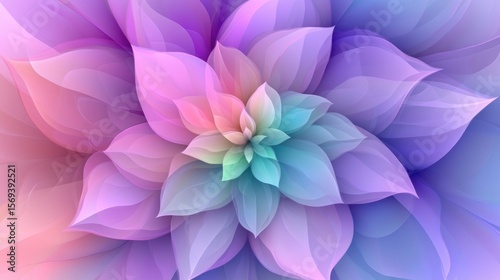 A vibrant, abstract floral design featuring layered petals in soft gradients of pink, purple, and blue, Ideal for backgrounds, wellness themes, or creative projects needing a calming aesthetic,