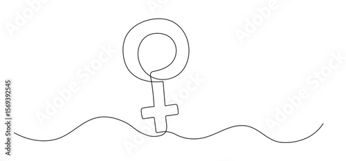 One line drawing of a gender symbol for woman, simple icon with continuous illustration and outline. Isolated sketch created for clarity and style. Minimal concept.