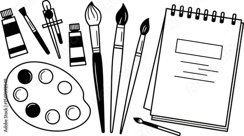 Art supplies illustration vector drawing of painting tools and sketchbook for creative projects design