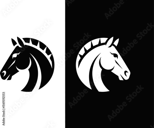 Horse head logo design black and white equestrian animal vector illustration graphic template silhouette
