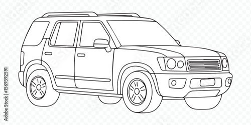 black and white contour drawing of suv car profile ideal for coloring book pages and digital art