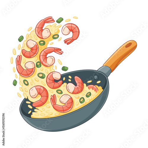 Shrimp and Rice Stir-fry in a Pan
