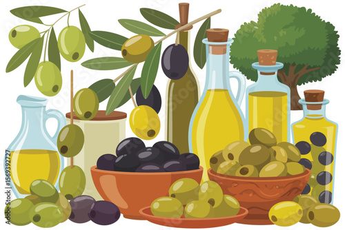 Olives and Olive Oil Collection Illustration