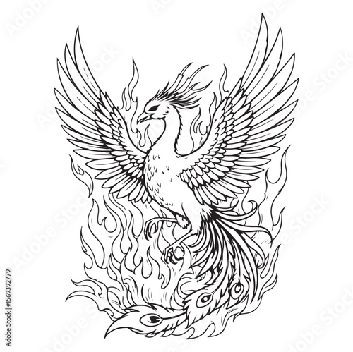 Mythical Phoenix Bird Vector Illustration in Black Ink. AI generator