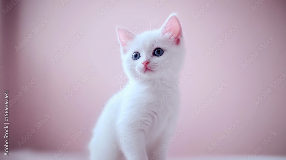 Fototapeta premium A cute white kitten with striking blue eyes poses against a soft pink background, perfect for conveying warmth and playfulness in pet-related marketing, greeting cards, or social media content,
