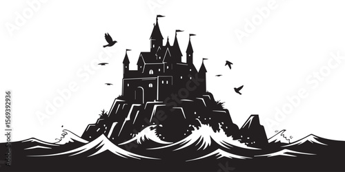 dramatic fortress perched on solitary rock island amid turbulent ocean waves birds flying black white illustration

