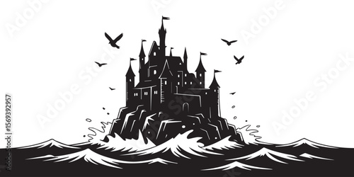 high contrast fantasy castle on jagged cliff surrounded by sea birds ocean scenery vector illustration