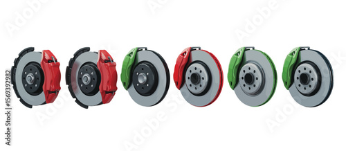 Car Brake Rotors and Pads in Red Green and Gray