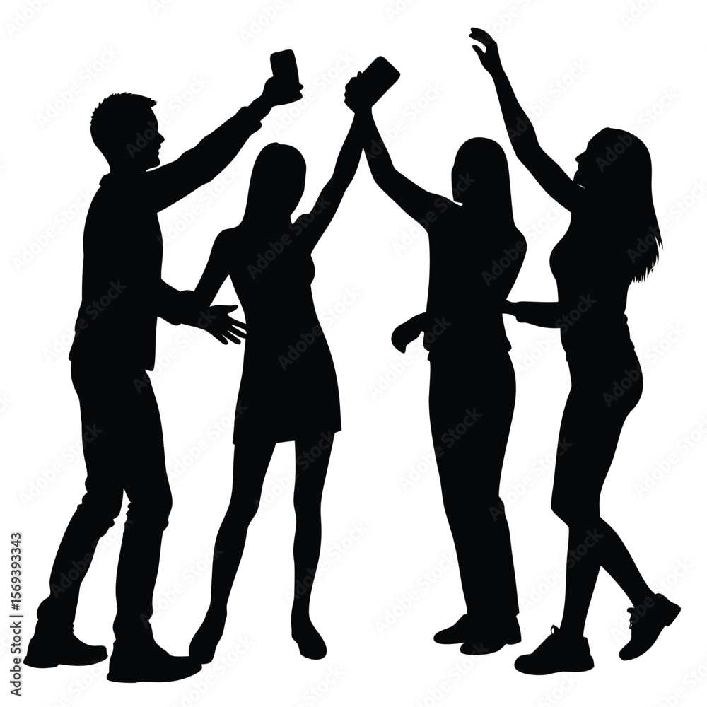 Fototapeta premium Dynamic Silhouette Dance Celebration Group of Friends Capturing Memories with Phones Energetic Festive Atmosphere Happy Times