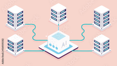 Isometric illustration of ai server connected to multiple data servers on a light pink background
