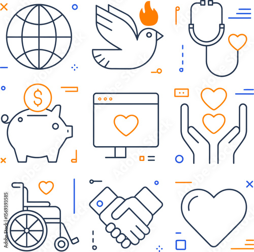 Charity donation and volunteer work icons set outline design for social support and giving concept
