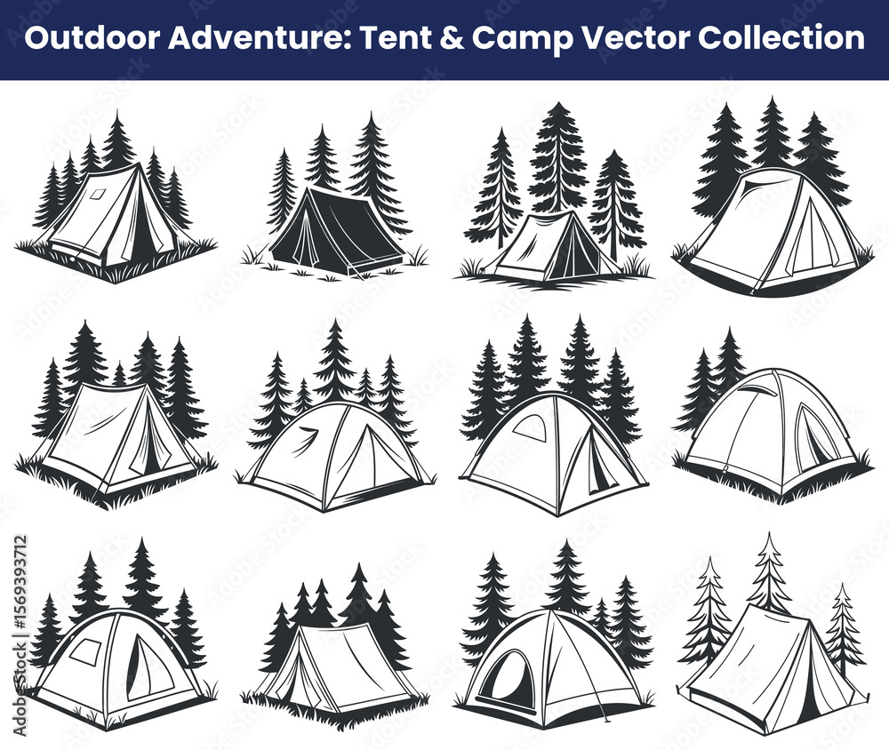 Obraz premium Black and White Camping Tents Collection, Nature Outdoors Adventure Illustration