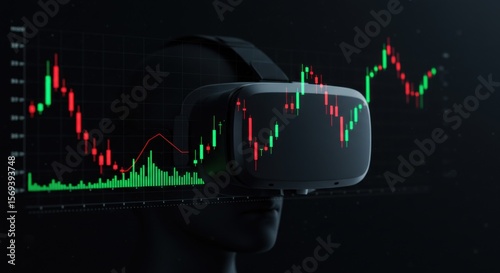 Virtual reality headset and financial chart candlestick. Online trading and stock market investment in metaverse. AR/VR technology.