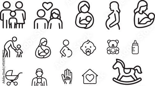 Family and Childcare Minimalist Icon Set Black and White Family and Childcare Icon Pack